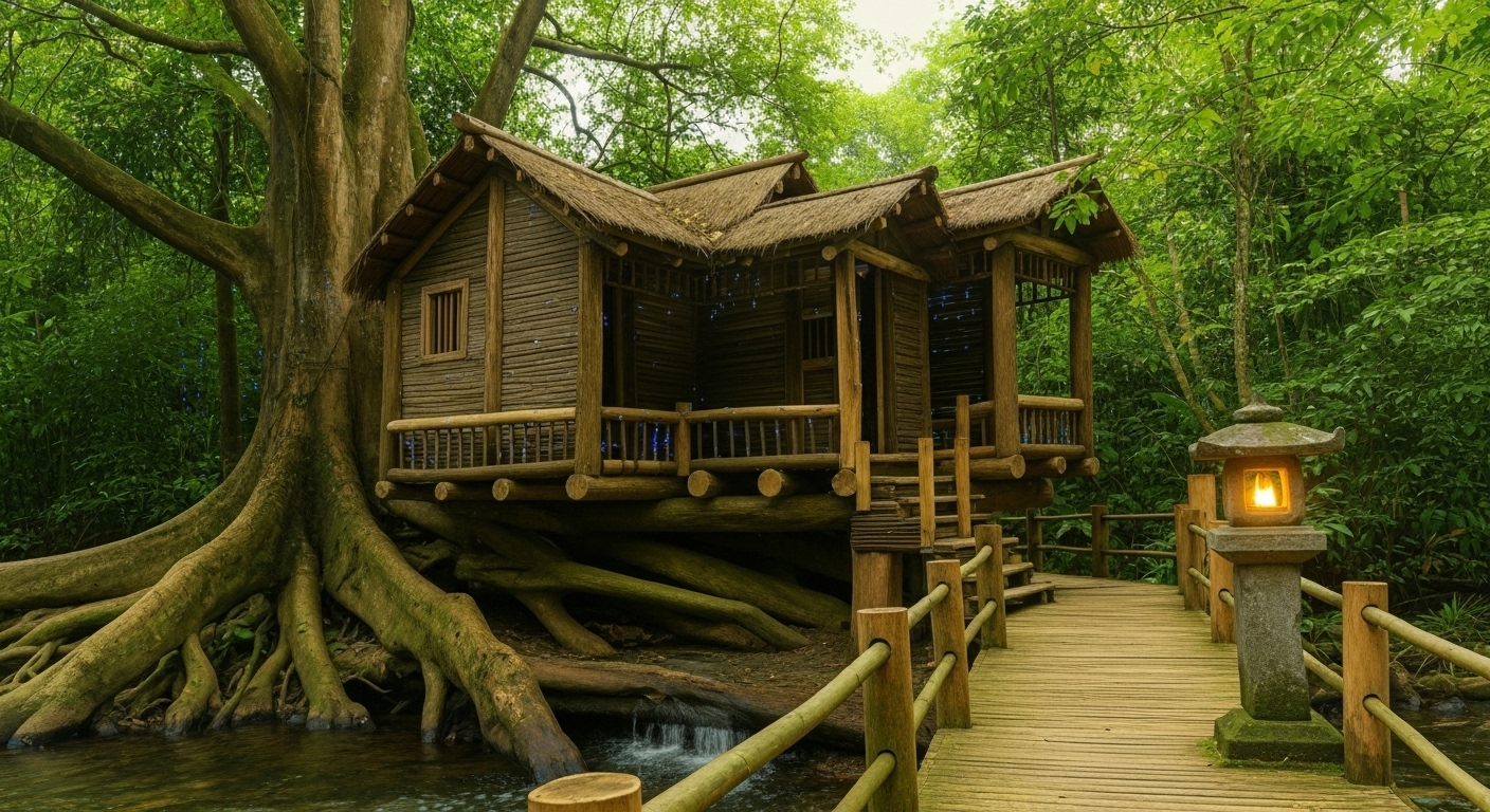 “Finishing touches on my bushcraft home atop a fallen giant tree—every plank and railing made by hand. #SurvivalSkills”