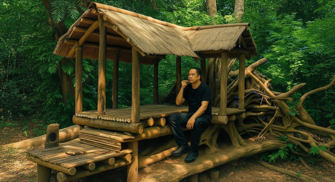 “Turning a fallen giant tree into my survival sanctuary—bushcraft at its finest. #WildernessShelter”