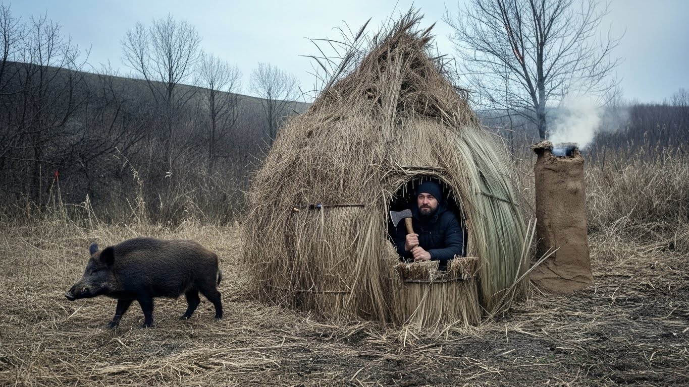 Step-by-step bushcraft: harvested reeds, built a dome frame over a pit, layered for waterproofing—cozy forest haven ready! 🔥🍃 #ReedShelter